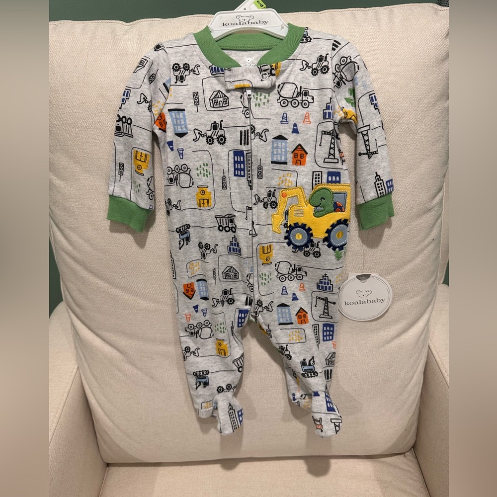 Gray and Green Construction Footie One Piece